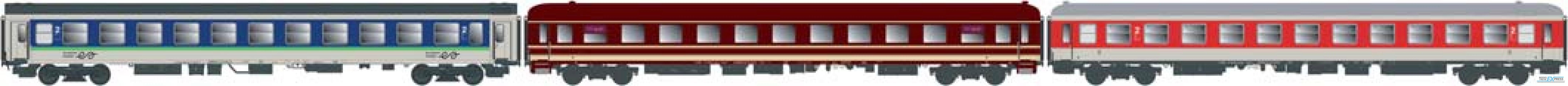 ACME 55356 European Sleeper Brüssel-Venezia/Brüssel-Prag 3-teilig, Epoche VI: Liegewagen Bvcmz248.3 (Euro-Express Lack.), Liegewagen Bvcmz248.3 (ehem. DB Nachtzug-Lack.) und 2.Kl. Wagen Bomdz 236.9 mit Fahrradabteil.