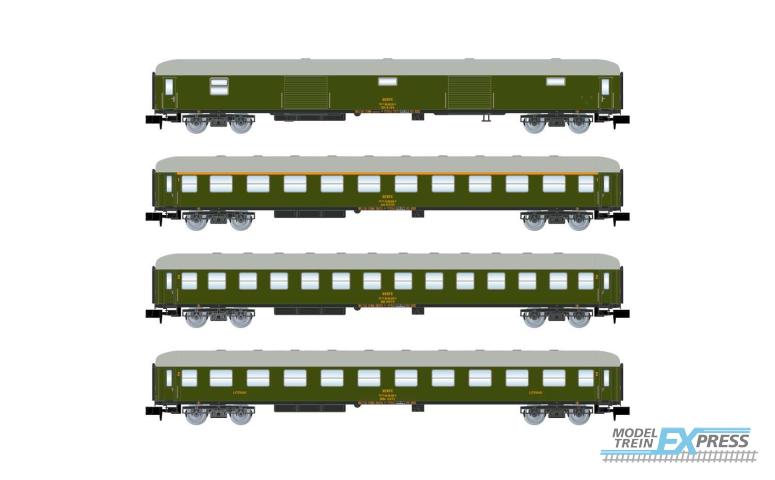 Arnold 4295 RENFE, 4-unit pack DD 8100 luggage van, 1st class coach and 2 x 2nd class coach, green livery, ep. IV