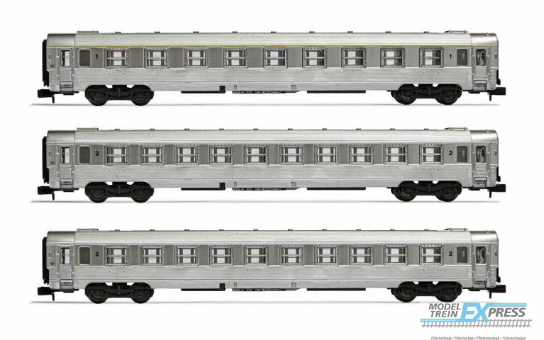 Arnold 4335 SNCF, 3-unit pack DEV Inox coaches, A9 + 2 x B10 coaches, period III