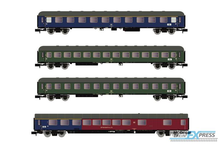 Arnold 4359 DB, 4-unit pack coaches, 1 x Am, 2 x Bm, 1 x ARm217, blue resp. green livery, period IV