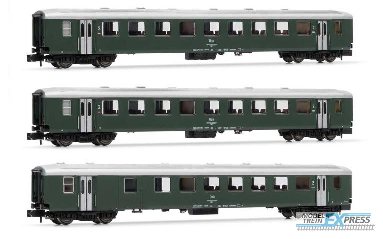 Arnold 4376 ÖBB, 3-unit pack 2nd class coaches "Schlierenwagen", green livery, 2x B + 1 BD, period IV