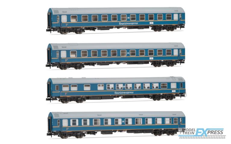 Arnold 4420 DR, 4-unit pack OSShD type B coaches "Touristen-Express", set 1 of 2, blue livery, ep. III, 2 x WLAB + 1 x WR + 1 x Salon