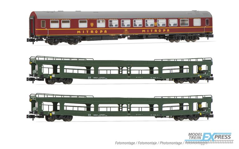 Arnold 4424 DR, 3-unit pack OSShD type B coaches, "Spree-Alpen-Express", set 2 of 2, green and red livery, ep. IV, 1 x WR + 2 x DDm