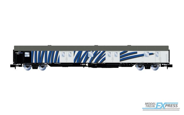 Arnold 4426 Lokomotion 4-axle ex postal van Zebrawagen grey livery with blue stripes ep VI