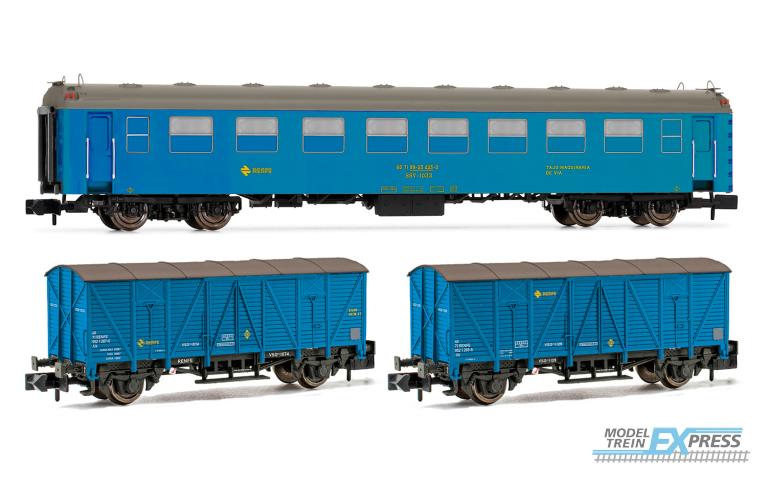 Arnold 4457 RENFE, 3-unit set "Tajo de Vía", type 5000 coach + 2 x J3 wagons, blue livery, ep. IV-V