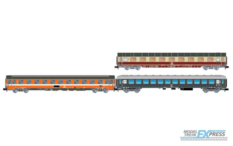 Arnold 4468 DB/FS, 3-unit pack "Alpen-Express" Rome - Munich, Avmz 111 + Eurofima 2nd cl., C1 + UIC-X '64 2nd cl., grey, ep. IV