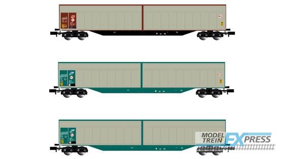 Arnold 6415 FS, 3-unit set 4-axle sliding-wall wagons Habills, silver/brown resp. silver/green livery, period V