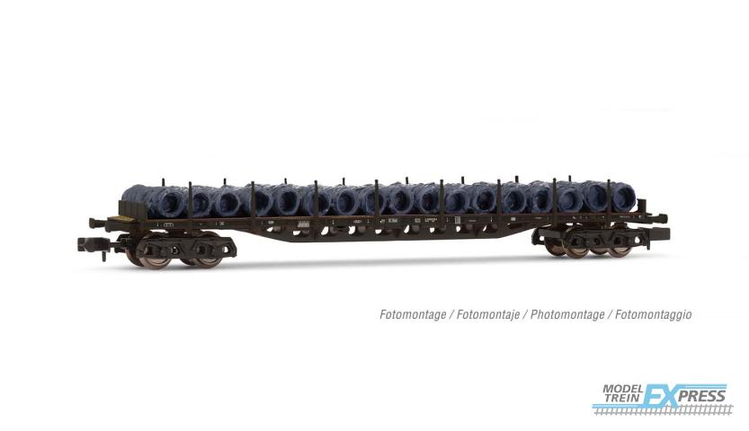 Arnold 6464 4-axle flat wagons Sgjs716, DB, black livery, loaded with wire coils, period IV