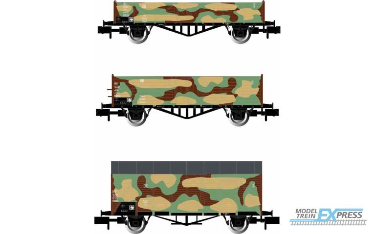 Arnold 6490 DRB, 3-unit pack military train, camouflage livery, Linz with wooden boxes, Villach and K2, period IIc