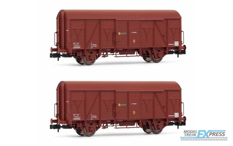 Arnold 6520 RENFE, 2-unit pack 2-axle closed wagon J2, wooden version, brown livery, period IV
