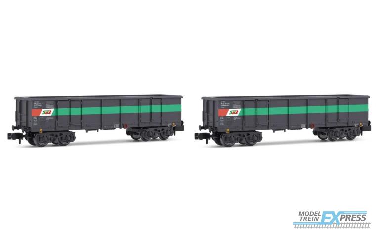 Arnold 6534 STLB, 2-unit set 4-axle open wagons Eaos, grey/green/red livery, loaded with scrap, period V-VI