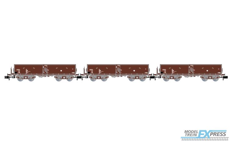 Arnold 6563 DR, 3-unit pack sef-discharging wagons without top box, brown livery, ep. IV