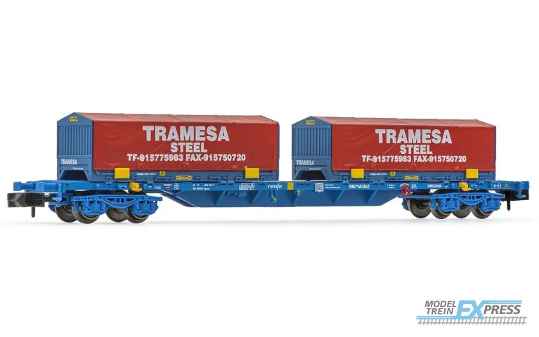 Arnold 6591 RENFE, MMC loaded with two TRAMESA 22' flatrack containers with red tarpaulin, period VI