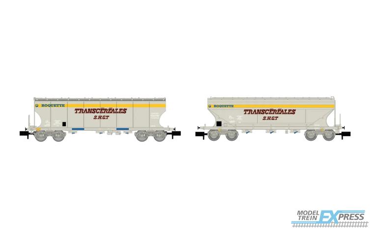 Arnold 6620 SNCF, 2-unit pack 4-axle cereal hopper wagons "Transcéréales S.H.G.T. Roquette" (rounded and flat lateral sides), grey/yellow livery, ep. IV