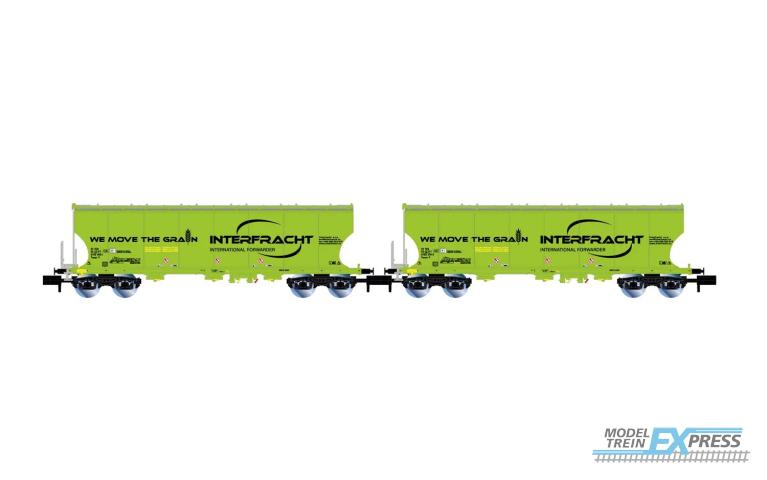 Arnold 6625 CZ-Interfracht 2-unit pack 4-axle silo wagons with rounded side walls neongreen livery rounded later
