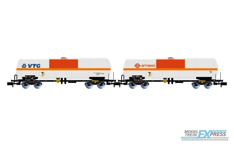 Arnold 6634 SNCF, 2-unit pack tank wagons for chlorine, VTG + ermewa, beige/orange/red livery, ep. VI