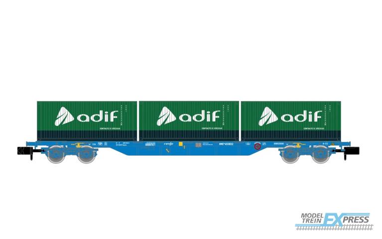 Arnold 6651 RENFE 4-axle container wagon loaded with 3 x 20 ADIF cont