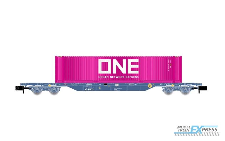 Arnold 6653 VTG 4-axle container flat wagon loaded with pink 45 conta