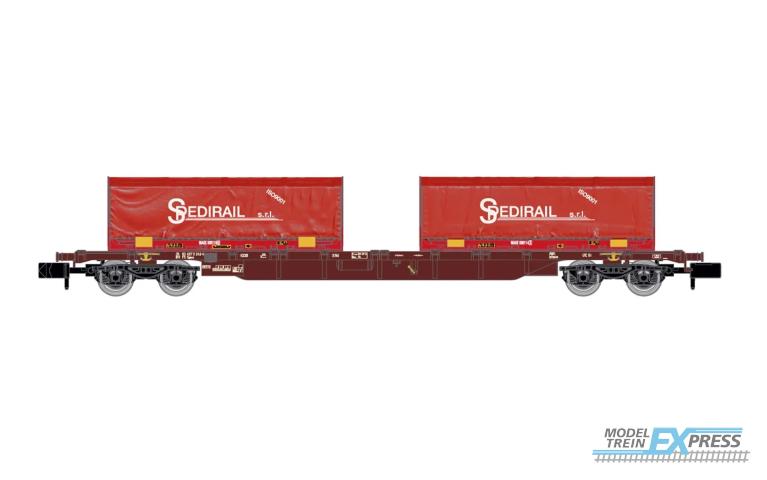 Arnold 6654 FS, 4-axle container wagon Sgnss, brown livery, loaded with 2 x red 22' container "Spedirail", ep. VI