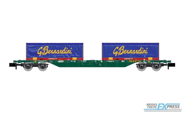 Arnold 6655 FS CEMAT, 4-axle Sgnss container wagon, green livery, loaded with 2 x blue/red 22' coil container "Gruppo Bernardini", ep. VI