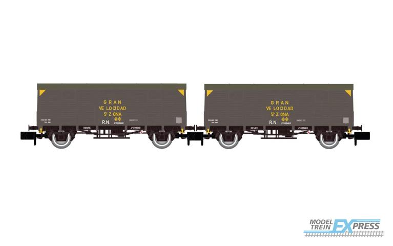 Arnold 6660 RENFE, 2-unit pack, 2-axle covered wagon type J300.000, grey livery "gran velocidad", ep. III