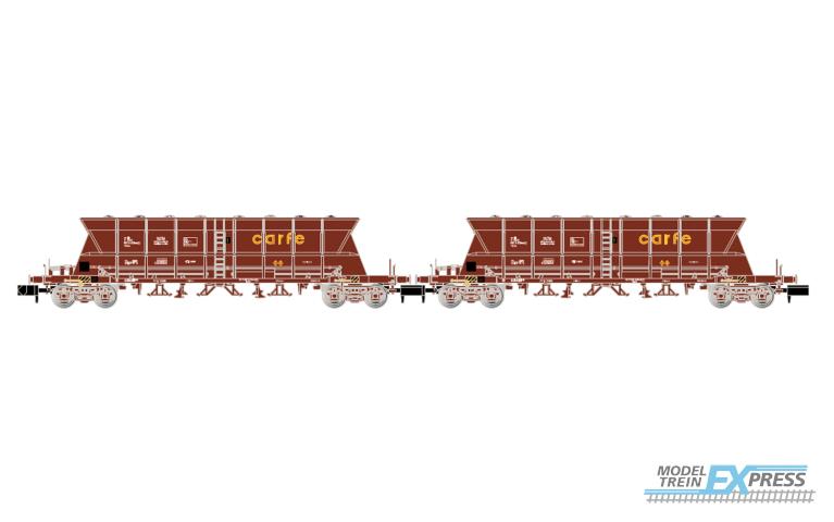 Arnold 6671 RENFE, 2-unit pack 4-axle coal hopper wagons Faoos "SALTRA / CARFE", brown livery, loaded w. coal, ep. IV-V