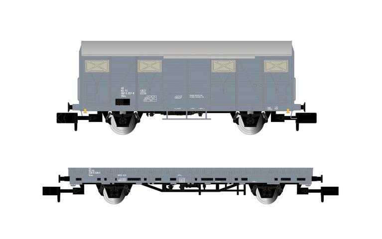 Arnold 6716 FS, 2-unit pack service wagons, VGhs closed wagon + Vkkkm flat wagon loaded with ballast, ep. V
