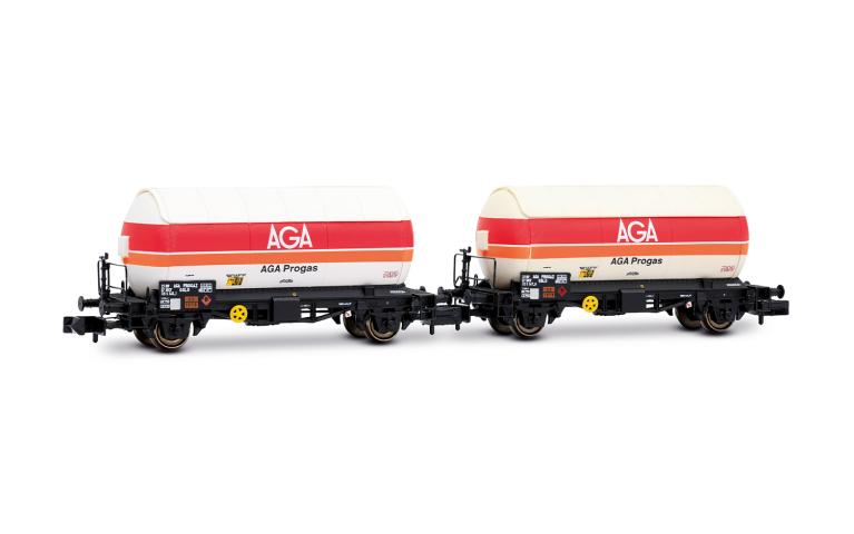 Arnold 6720 SNCF, 2-unit pack 2-axle gas tank wagons, "AGA Progas", white livery, ep. IV