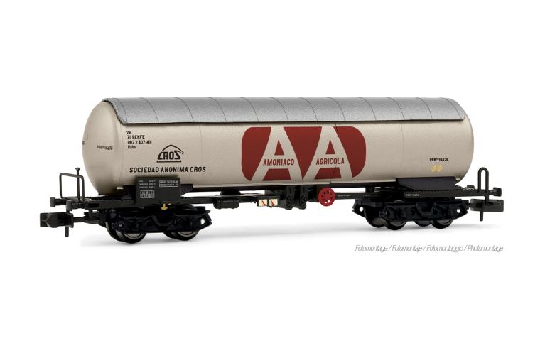 Arnold 6722 RENFE, 4-axle gas tank wagon PRR, "AMONIACO ANHIDRO", white livery, ep. IV-V
