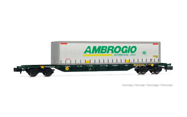 Arnold 6730 CEMAT, container wagon Sgnss, green, loaded with "AMBROGIO" curtain-side swap body, ep. V-VI