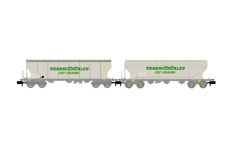 Arnold 6732 SNCF, 2-unit pack cereal hopper wagons "Transcéréales - CAF Grains", flat + rounded w., ep. IV-V