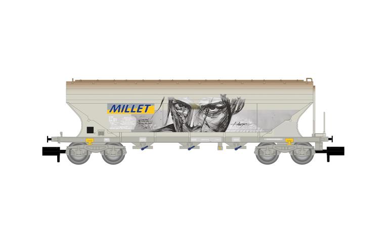 Arnold 6734 F-MISA, 4-axle flat sided hopper wagon, "MILLET" with graffiti, ep. V