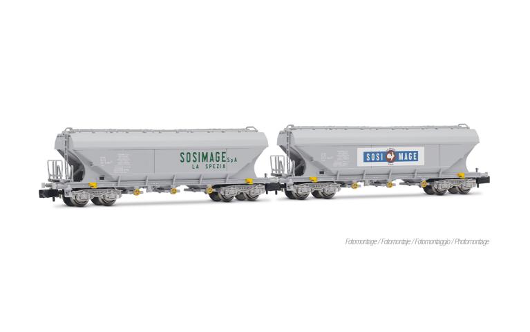 Arnold 6736 FS, 2-units pack 4-axle flat sided hopper wagon "Sosimage", grey livery, ep. IV