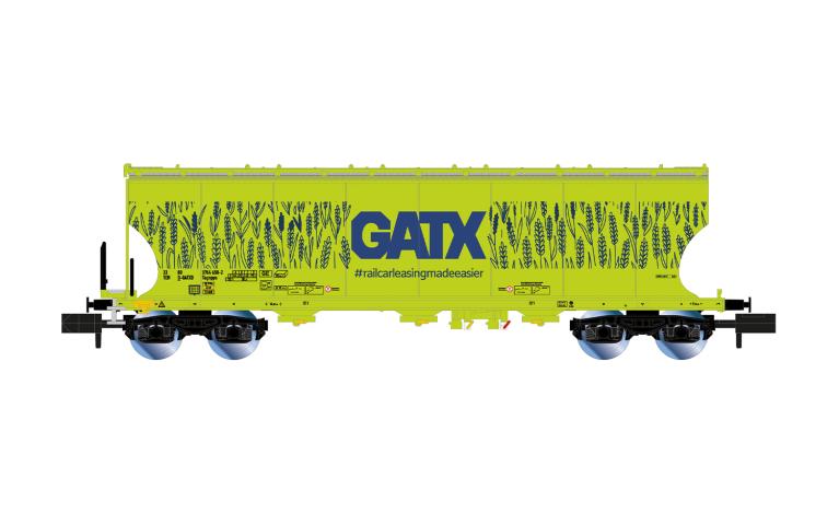 Arnold 6737 D-GATX, 4-axle round sided hopper wagon, neongreen "cereals" livery, big GATX logo, ep.VI