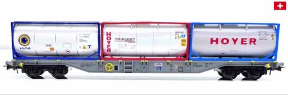 B-Models 54.176 Sgns containerwagon, CH - HUPAC, with 3 tankcontainers 20ft