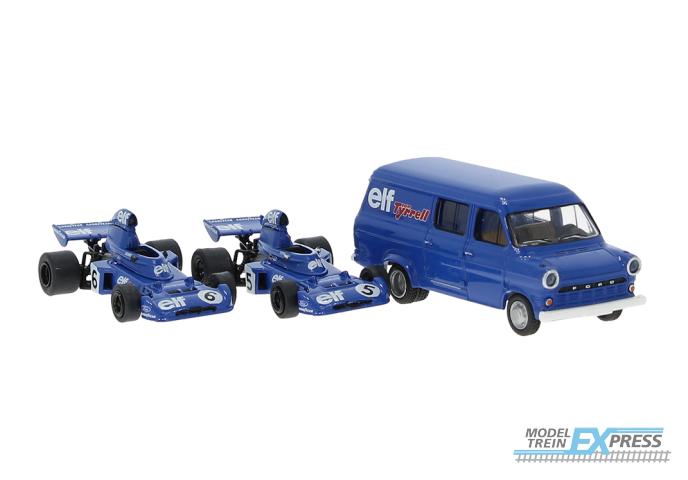 Brekina 22871 Set "Tyrrell 006" aus 1973 mit 2 Rennwagen und Ford Transit