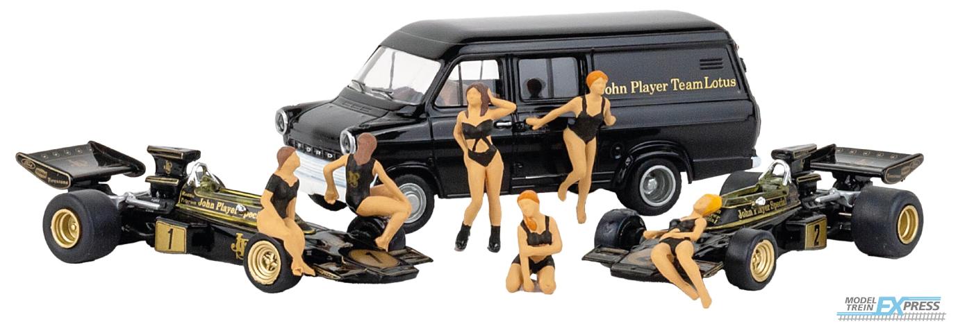 Brekina 22889 Set "Lotus 72" mit 2 Formel1-Autos, 6 PR-Girls und Transporter