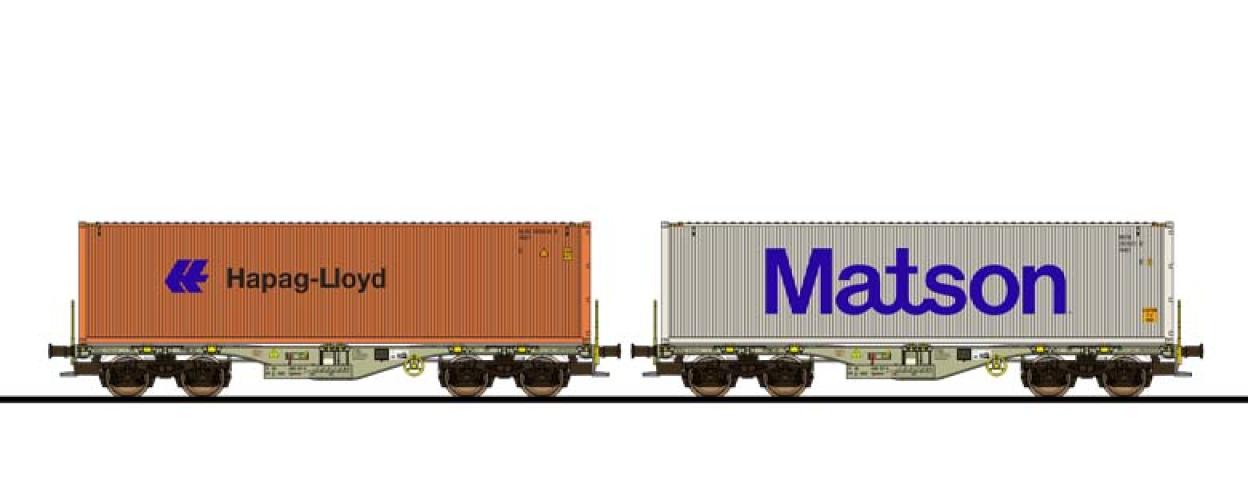 Esu 36608 Containertragwagen, H0, Sgmmns, 37 80 4505 332-9 + 37 80 4505 354-3, D-AAEC Ep. VI, Container HLXU 805919 + MATU 261521, DC