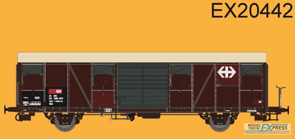 Exact-train 20442 SBB Gbs Güterwagen mit Farbflächen, grossem und kleinem SBB- Emblem, Polyestherdach, Türen mit Sicken, Ep. VI