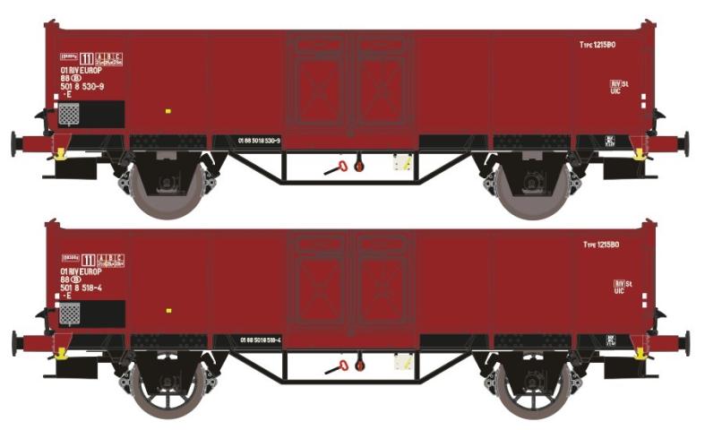 Exact-train 23982 2er-Set NMBS .E EUROP Nr.501 8 530-9 mit Diskus Räder und .E EUROP Nr.501 8 518-4  mit Speichenrädern Braunc/Iva, Ep. III