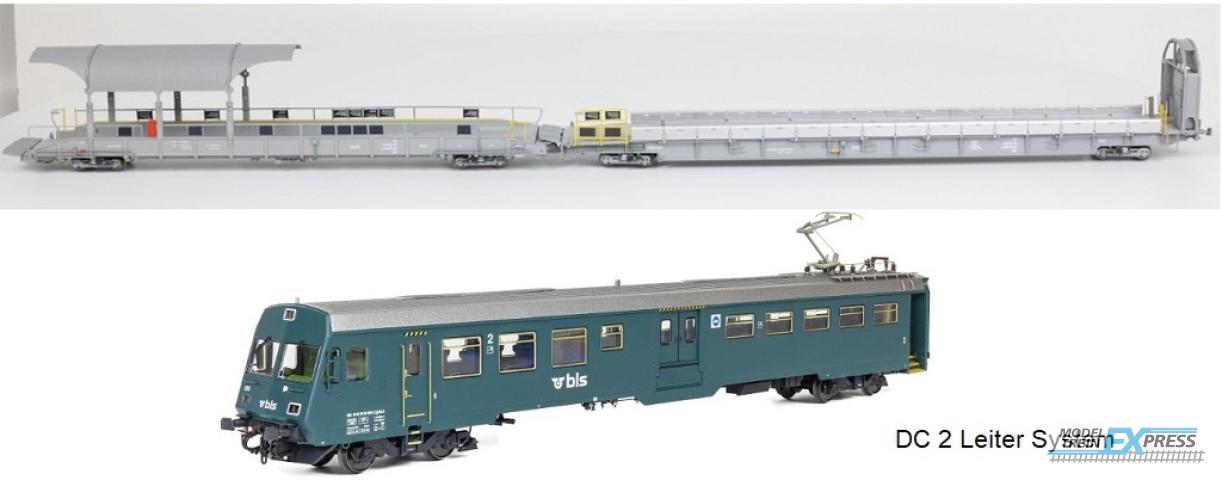 Exact-train 25005 3-er DC Grundset BLS Autoverladezug 2 Talbot (1x Steuerwagen BDt, 1xAuffahrwagenSdt und 1xRampenwagen Sdt), Ep. VI