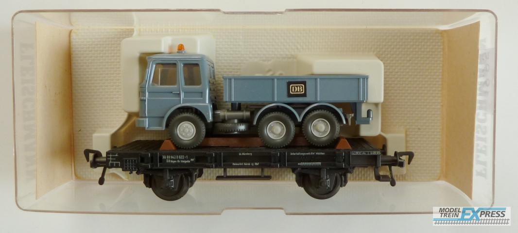 Fleischmann gebruikt materiaal 5219.1 Flachwagen der DB beladen mit MAN Kipplastwagen nieuw in doos