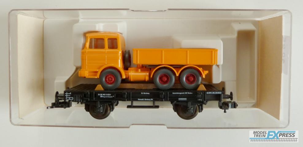 Fleischmann gebruikt materiaal 5219 Flachwagen der DB beladen mit MAN Kipplastwagen nieuw in doos K