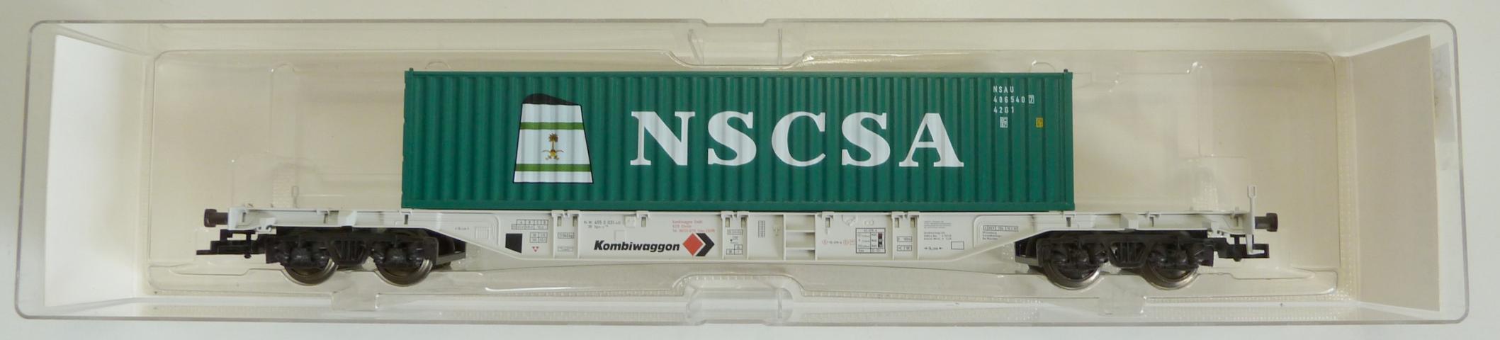 Fleischmann gebruikt materiaal 5255 Kombiwaggon 4-assige transportwagon met 40' container "NSCSA", in goede staat, in doos