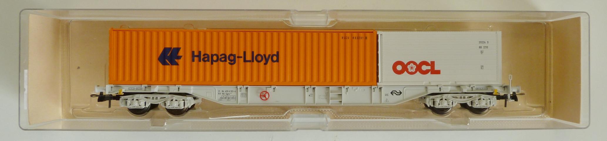 Fleischmann gebruikt materiaal 945246 NS 4-assige transportwagon met 1 X 40' container "Hapag-Lloyd" en 1 X 20' container "OOCL", in goede stat, in doos