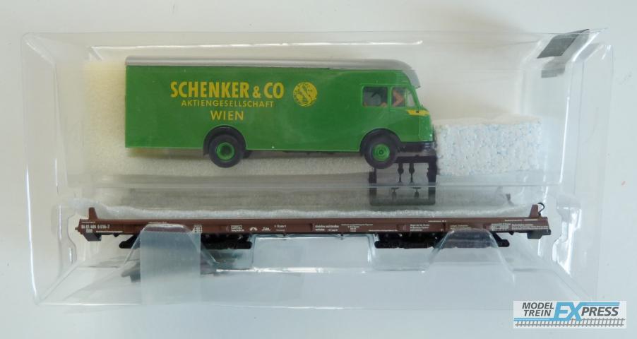 Gebruikt Materiaal Overige Merken 220015 Liliput Niederfl.wag.ÖBB m.Lkw (Schenker), Ep.IV i.g.s. in doos