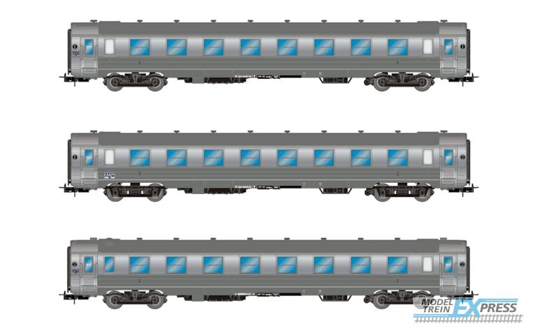 Jouef 4174 SNCF, 3-unit pack short DEV Inox coaches (A8myfi 1st cl., A3B5myfi 1st/2nd cl., B5smyfi bar), ep. IIIa