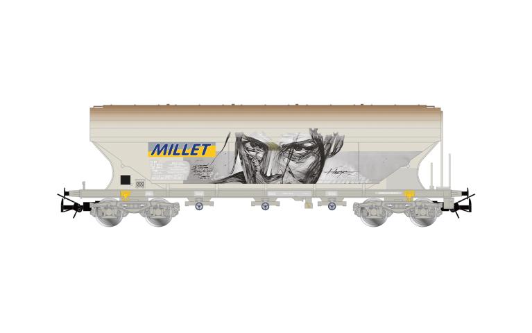 Jouef 6319 SNCF, 4-axle flat sided cereal hopper wagon, "MILLET", grey livery with graffiti, ep. V