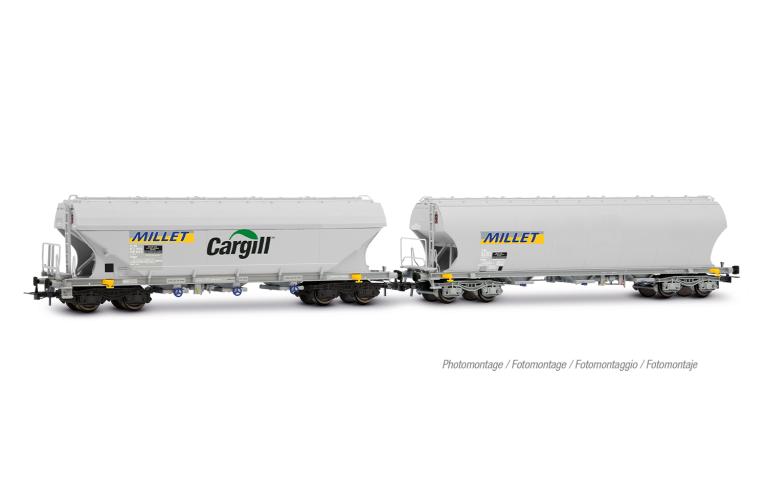 Jouef 6320 SNCF, 2-unit pack cereal hopper wagons "MILLET", flat and rounded walls, grey livery, ep. VI