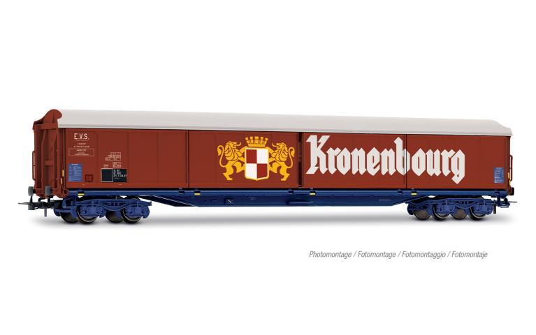 Jouef 6322 SNCF, 4-axle sliding-walls wagon type Habis "Kronenbourg", blue chassis, ep. IV